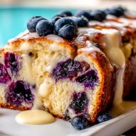 Golden Blueberry Cream Cheese Bread loaf sliced open with creamy glaze dripping, topped with fresh blueberries, beside a pool.