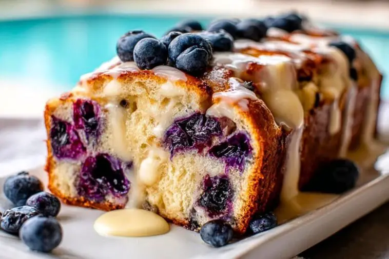 Golden Blueberry Cream Cheese Bread loaf sliced open with creamy glaze dripping, topped with fresh blueberries, beside a pool.