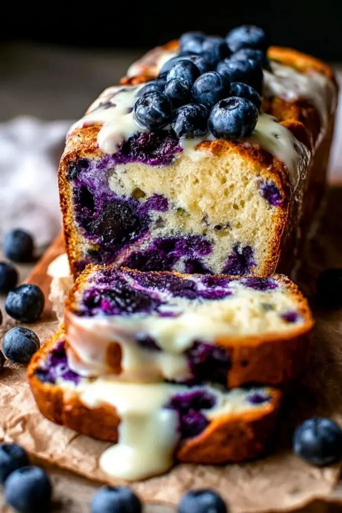 Moist Blueberry Cream Cheese Bread with vibrant blueberry swirls and cream cheese glaze, sliced and topped with whole blueberries.