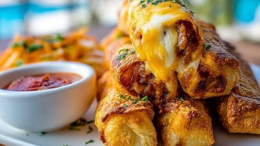 Crispy Cheesy Taco Sticks stacked on a white plate with melted cheese center and side of salsa, garnished with chopped parsley.