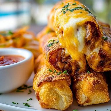 Crispy Cheesy Taco Sticks stacked on a white plate with melted cheese center and side of salsa, garnished with chopped parsley.