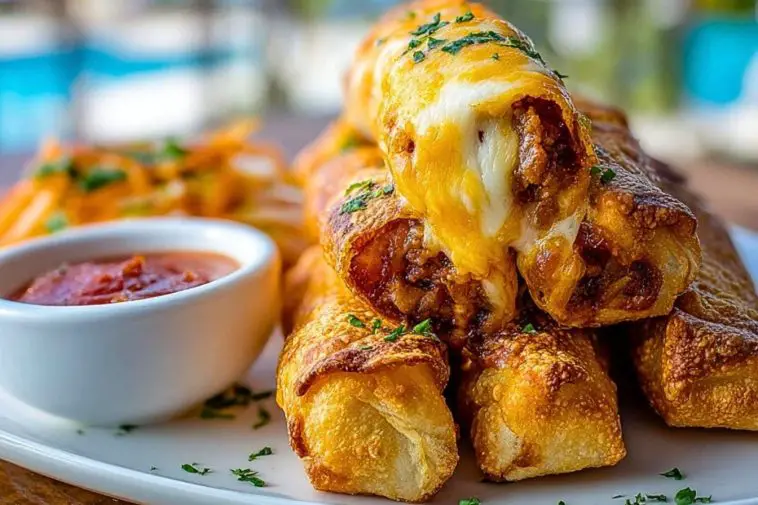 Crispy Cheesy Taco Sticks stacked on a white plate with melted cheese center and side of salsa, garnished with chopped parsley.