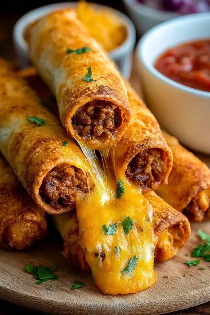 Close-up of golden Cheesy Taco Sticks with beef filling and melted cheese stretching from the center, served on a wooden board.