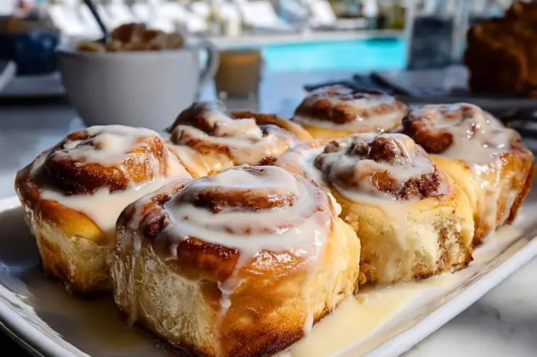 Cinnamon Rolls on a white tray by the pool, dripping with vanilla glaze and showing golden flaky layers.
