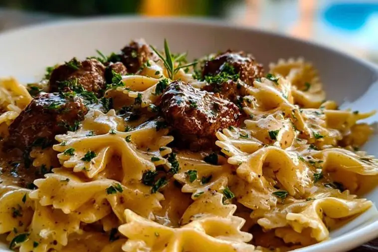 Close-up of Creamy Beef and Bowtie Pasta showing seared beef cubes, creamy parmesan sauce, and parsley over farfalle in a white bowl.