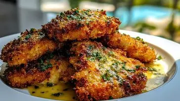 Golden Crispy Parmesan Chicken stacked on a white plate, topped with fresh parsley and drizzled with rich garlic butter sauce.