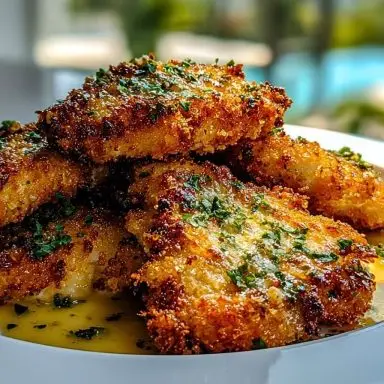 Golden Crispy Parmesan Chicken stacked on a white plate, topped with fresh parsley and drizzled with rich garlic butter sauce.