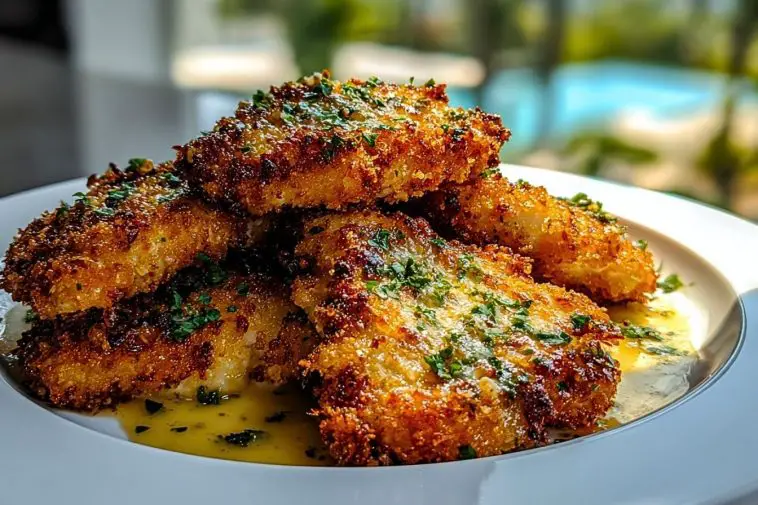 Golden Crispy Parmesan Chicken stacked on a white plate, topped with fresh parsley and drizzled with rich garlic butter sauce.