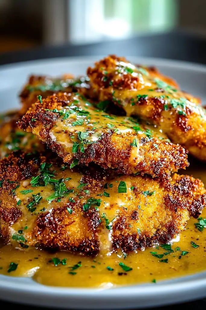Close-up of Crispy Parmesan Chicken with a Rich Garlic Sauce, showing crunchy coating and herb-speckled buttery glaze.