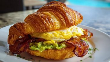 Golden croissant sandwich filled with scrambled eggs, crispy bacon, and mashed avocado on a white plate.