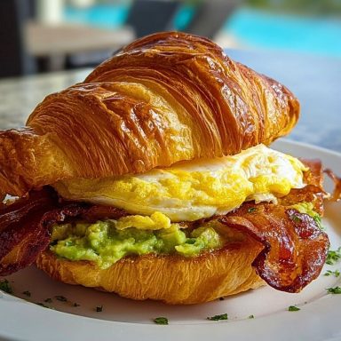 Golden croissant sandwich filled with scrambled eggs, crispy bacon, and mashed avocado on a white plate.