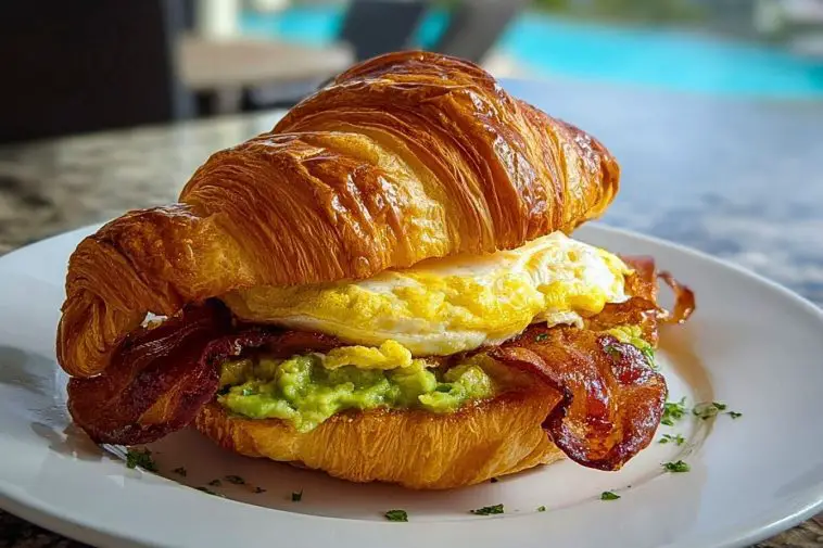 Golden croissant sandwich filled with scrambled eggs, crispy bacon, and mashed avocado on a white plate.
