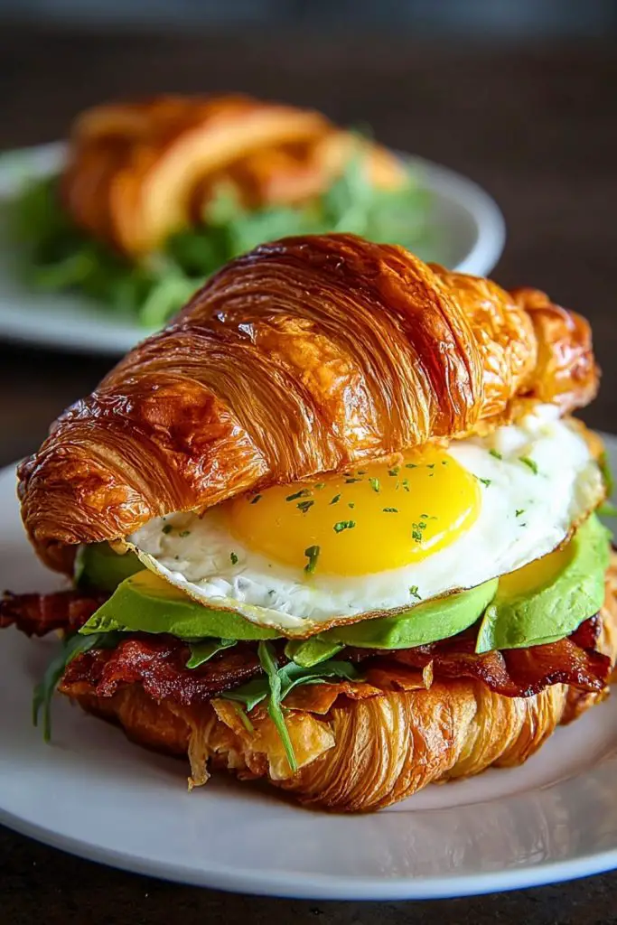 Flaky croissant breakfast sandwich with sunny-side-up egg, avocado slices, bacon, and arugula on a white plate.