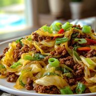Stir-fried cabbage with ground beef, red peppers, and green onions served on a white plate for Easy Chinese Ground Beef and Cabbage Stir Fry.