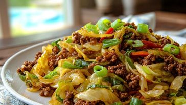 Stir-fried cabbage with ground beef, red peppers, and green onions served on a white plate for Easy Chinese Ground Beef and Cabbage Stir Fry.