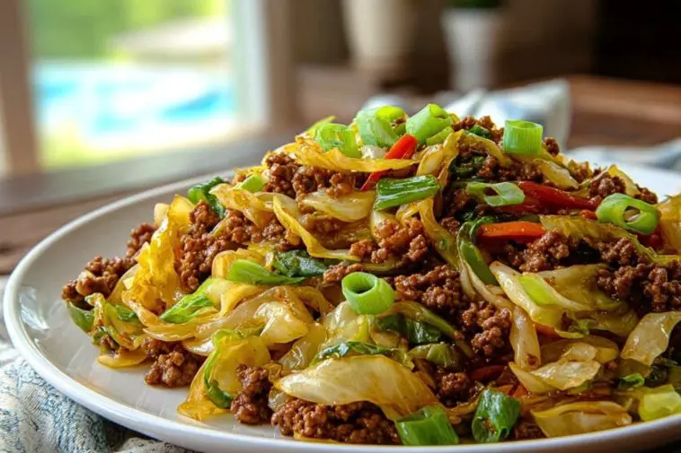 Stir-fried cabbage with ground beef, red peppers, and green onions served on a white plate for Easy Chinese Ground Beef and Cabbage Stir Fry.