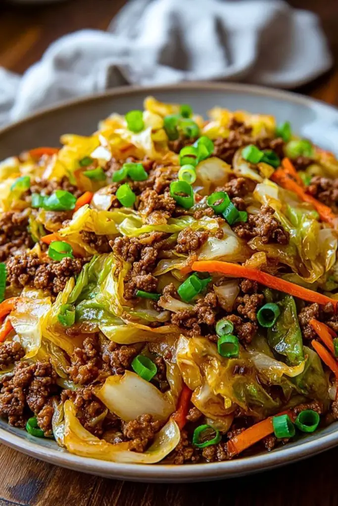 Close-up of Easy Chinese Ground Beef and Cabbage Stir Fry with bright green onions and julienned carrots in a gray bowl.