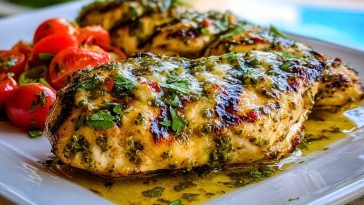 Grilled Salsa Verde Pepper Jack Chicken served with cherry tomatoes, glistening with melted cheese and fresh cilantro on a white plate.
