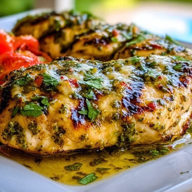 Grilled Salsa Verde Pepper Jack Chicken served with cherry tomatoes, glistening with melted cheese and fresh cilantro on a white plate.