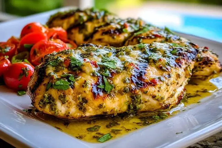 Grilled Salsa Verde Pepper Jack Chicken served with cherry tomatoes, glistening with melted cheese and fresh cilantro on a white plate.