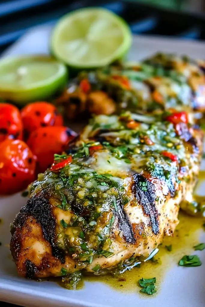 Close-up of Grilled Salsa Verde Pepper Jack Chicken with charred marks, saucy topping, and lime halves in the background.