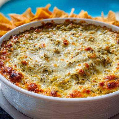 Bubbly Hot Artichoke Dip served in a white baking dish with golden cheese top, surrounded by crispy tortilla chips by the pool.