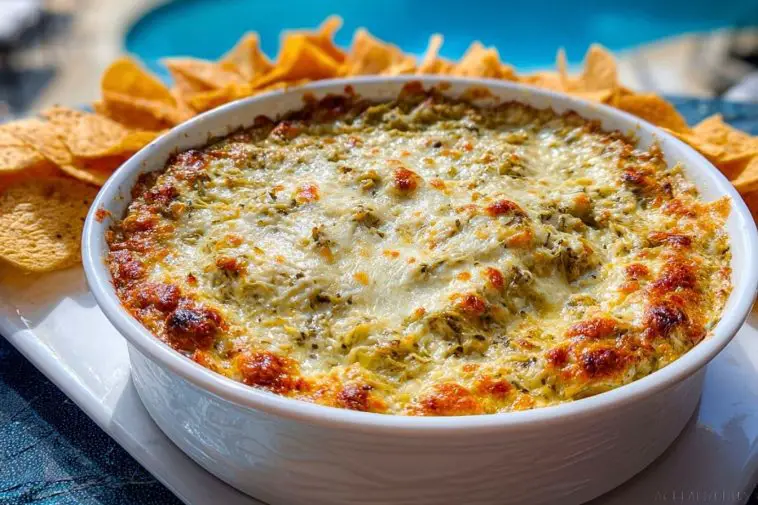 Bubbly Hot Artichoke Dip served in a white baking dish with golden cheese top, surrounded by crispy tortilla chips by the pool.