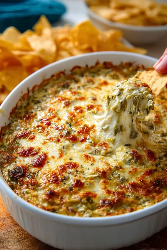 Melty Hot Artichoke Dip with a tortilla chip scooping up a stretchy cheesy bite, served hot and golden-brown.