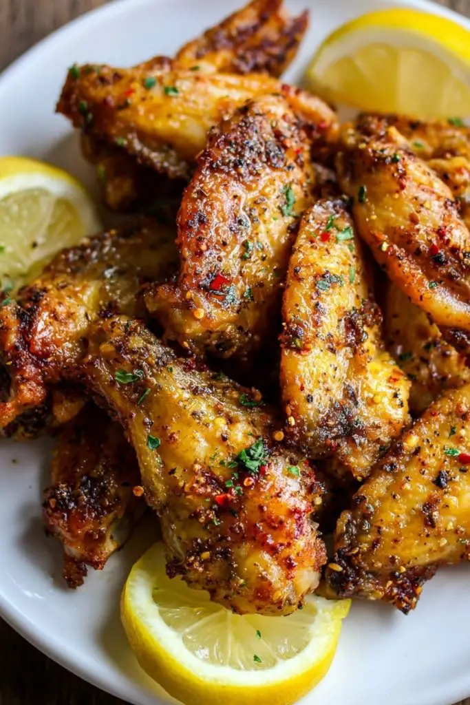 Overhead shot of lemon pepper wings on a white plate, surrounded by lemon slices and garnished with cracked pepper and parsley.