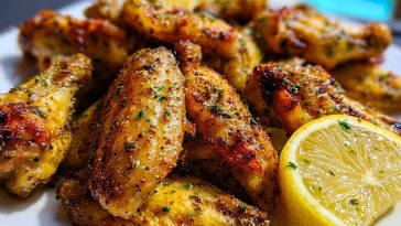 Crispy lemon pepper wings piled on a plate with golden skin and lemon wedges, seasoned with pepper and fresh herbs.