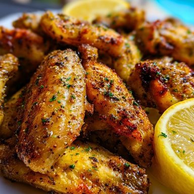 Crispy lemon pepper wings piled on a plate with golden skin and lemon wedges, seasoned with pepper and fresh herbs.