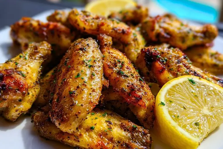 Crispy lemon pepper wings piled on a plate with golden skin and lemon wedges, seasoned with pepper and fresh herbs.