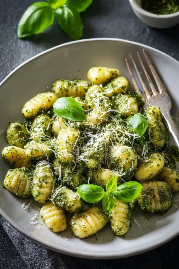 Bowl of pesto gnocchi with grated Parmesan and fresh basil leaves, served with a fork on the side