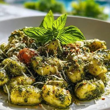 Plate of pesto gnocchi topped with Parmesan, red pepper flakes, cherry tomato, and fresh basil garnish