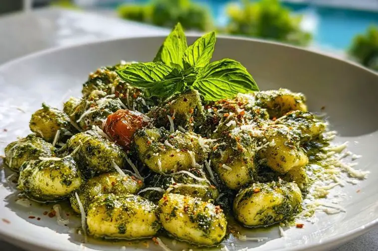 Plate of pesto gnocchi topped with Parmesan, red pepper flakes, cherry tomato, and fresh basil garnish