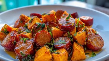 Sausage and Sweet Potatoes with Honey Garlic Sauce served on a white plate, showing glossy sausage rounds and golden sweet potato cubes.