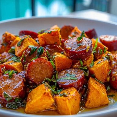 Sausage and Sweet Potatoes with Honey Garlic Sauce served on a white plate, showing glossy sausage rounds and golden sweet potato cubes.