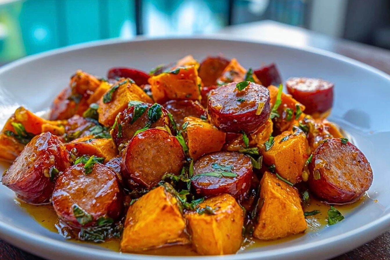 Sausage and Sweet Potatoes with Honey Garlic Sauce served on a white plate, showing glossy sausage rounds and golden sweet potato cubes.
