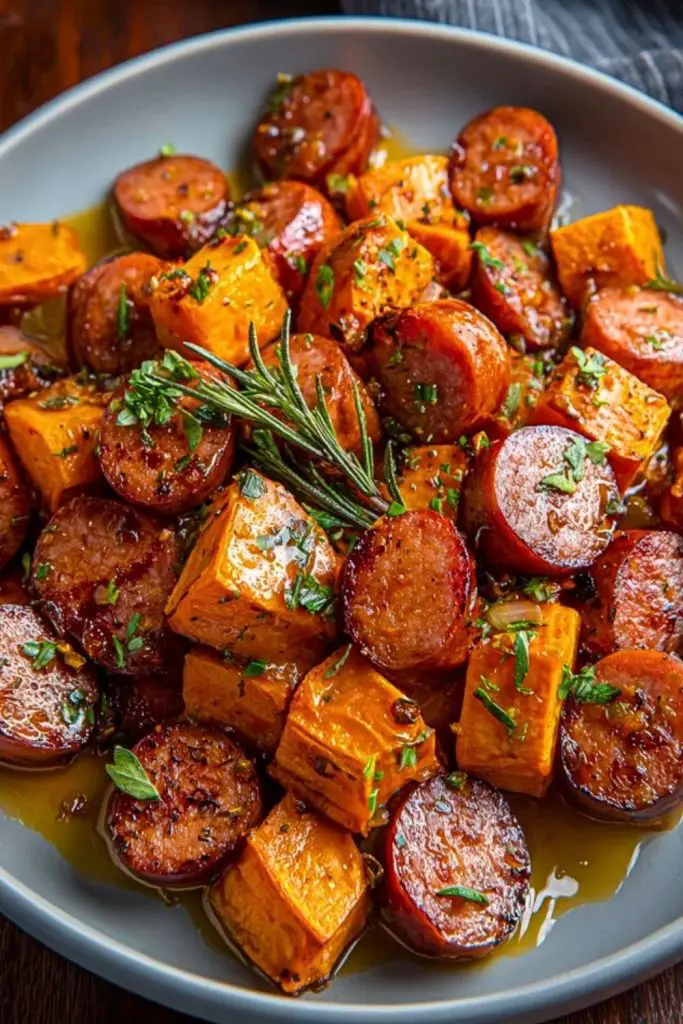 Overhead view of Sausage and Sweet Potatoes with Honey Garlic Sauce in a gray bowl, garnished with rosemary and fresh herbs.