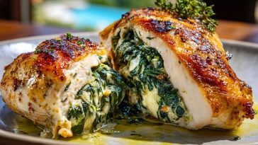 Golden-baked spinach stuffed chicken breast sliced open, revealing a creamy spinach and cheese filling on a ceramic plate.