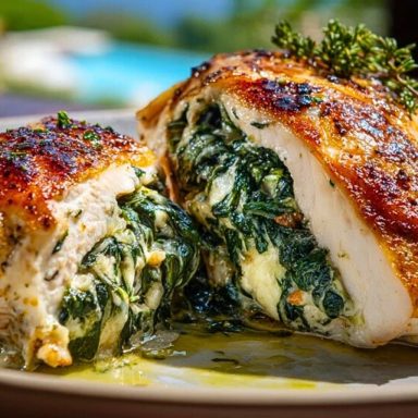 Golden-baked spinach stuffed chicken breast sliced open, revealing a creamy spinach and cheese filling on a ceramic plate.