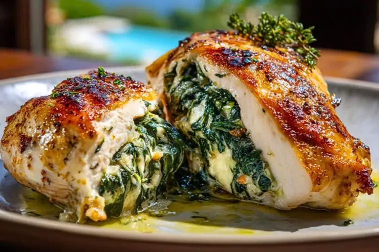 Golden-baked spinach stuffed chicken breast sliced open, revealing a creamy spinach and cheese filling on a ceramic plate.