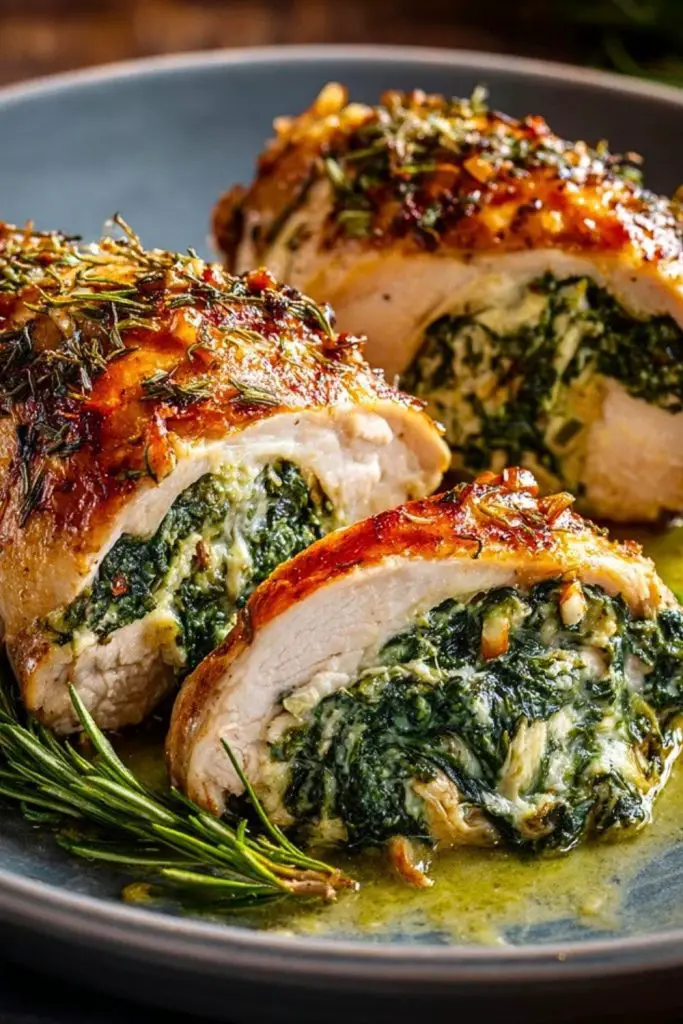 Herb-crusted spinach stuffed chicken breast served in a gray plate with rosemary garnish and melted cheese spilling from the center.