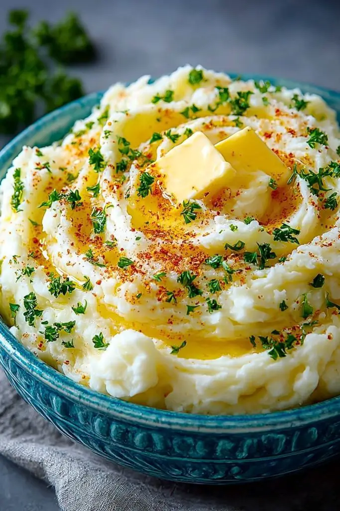 A bowl of super creamy mashed potatoes topped with melting butter and parsley, served warm.