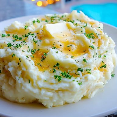 Close-up of smooth, velvety super creamy mashed potatoes showing rich texture and buttery swirl.