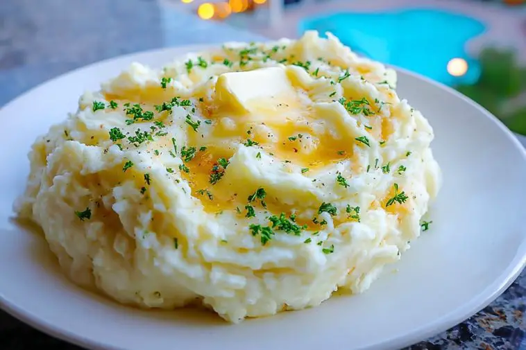 Close-up of smooth, velvety super creamy mashed potatoes showing rich texture and buttery swirl.
