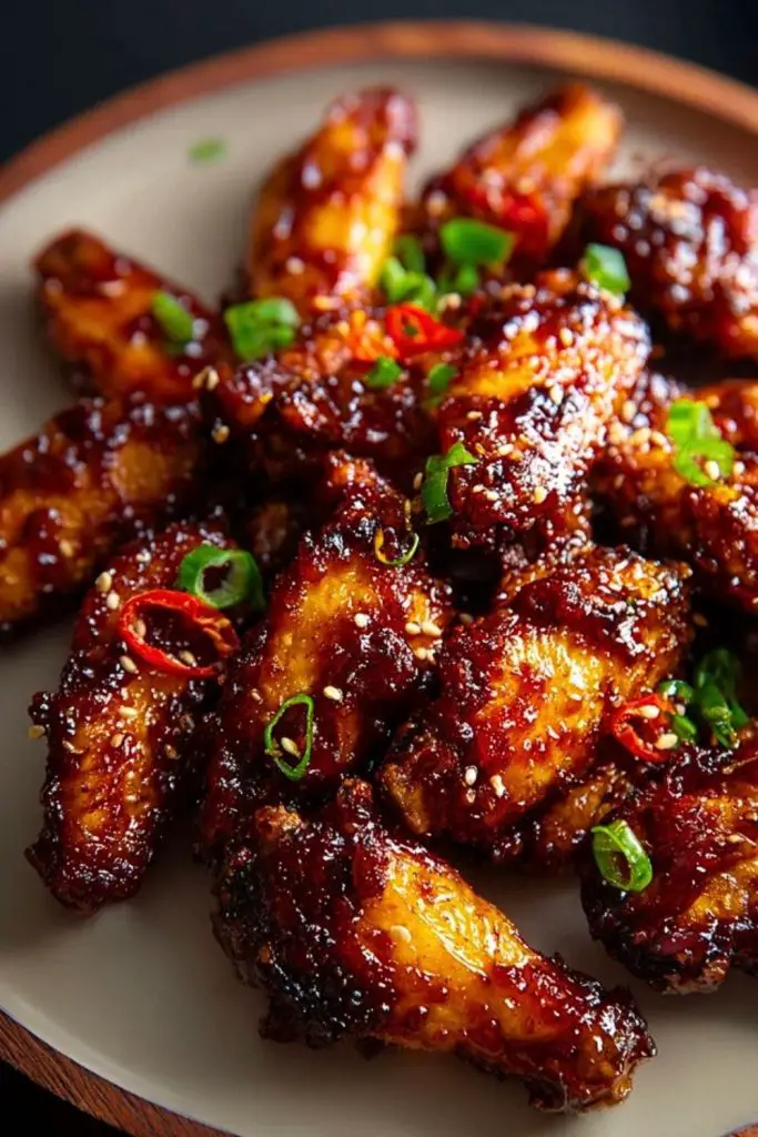 Sweet and Spicy Chicken Wings served on a beige plate, coated in glossy sauce with sesame seeds, red chili slices, and scallions.