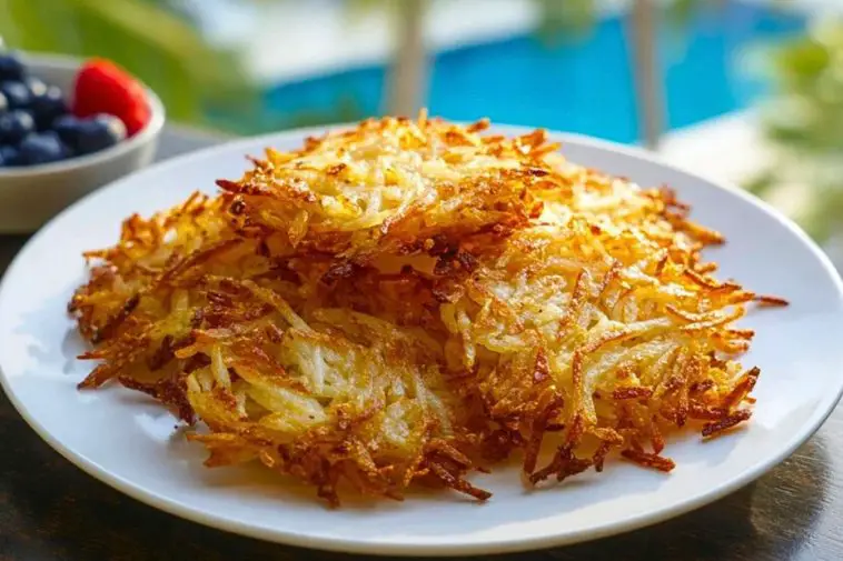Golden brown Air Fryer Hash Browns stacked on a white plate with berries and a pool in the background.