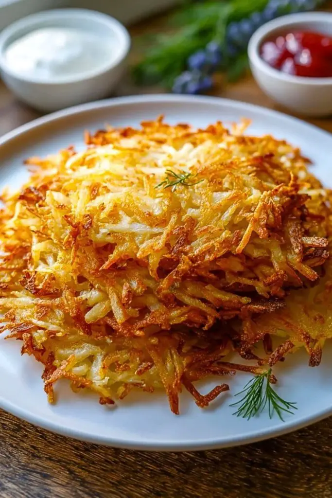 Crispy Air Fryer Hash Browns served on a plate, topped with dill, with ketchup and sour cream nearby.