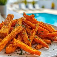 Crispy Air Fryer Sweet Potato Fries stacked on a white plate outdoors by a sunny poolside.